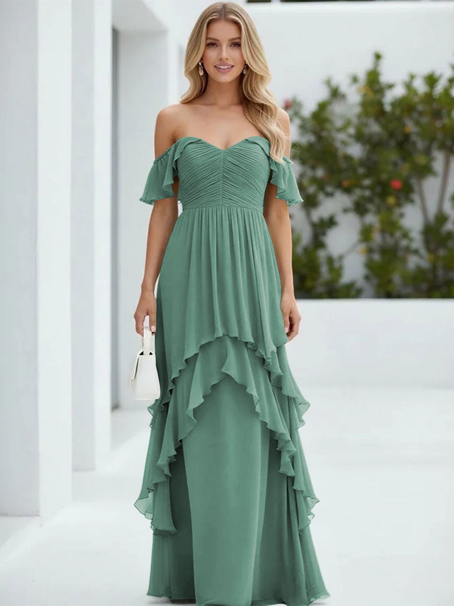 Chiffon Off the Shoulder Pleated Tiered Formal Dresses