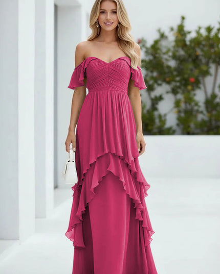 Chiffon Off the Shoulder Pleated Tiered Bridesmaid Dresses