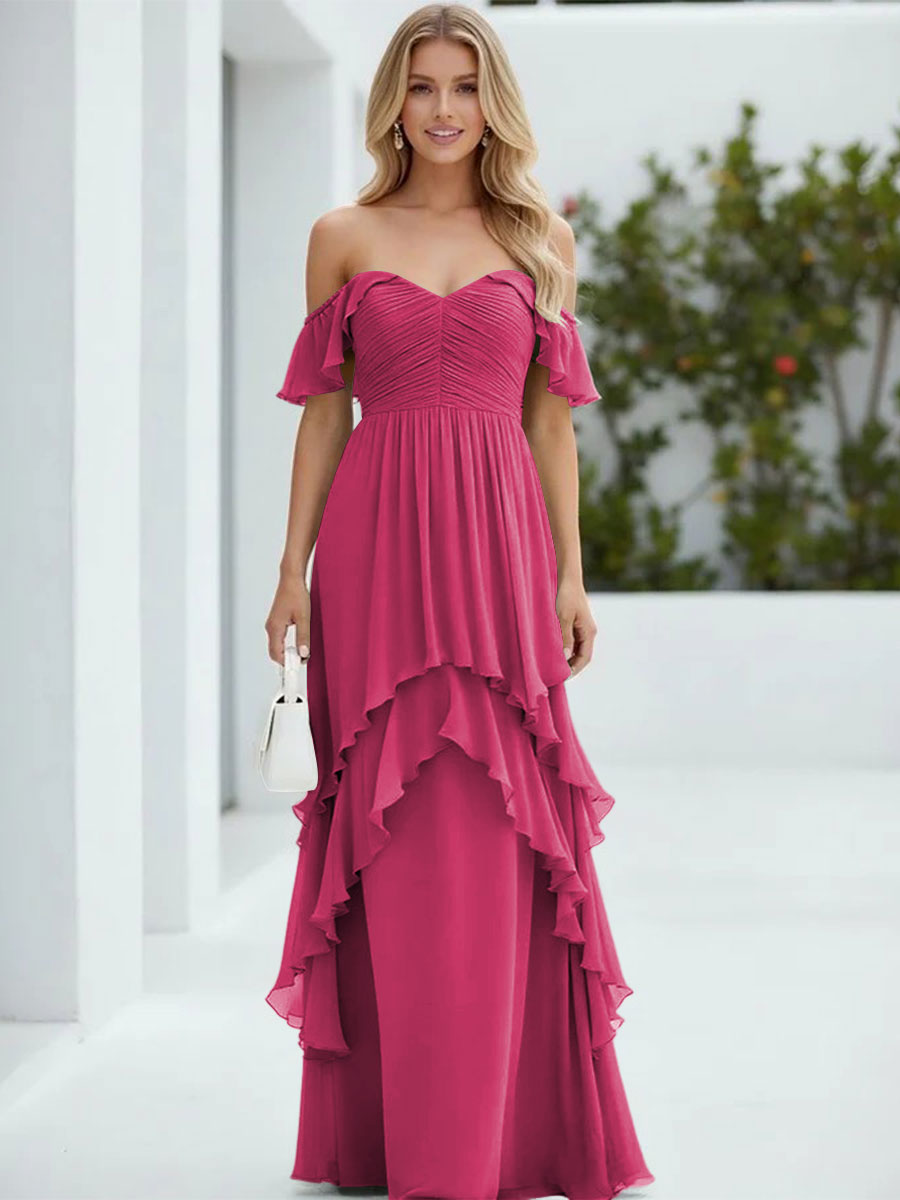 Chiffon Off the Shoulder Pleated Tiered Formal Dresses