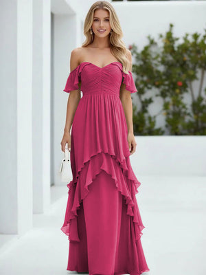 Chiffon Off the Shoulder Pleated Tiered Bridesmaid Dresses
