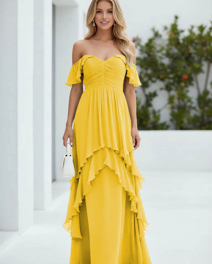 Chiffon Off the Shoulder Pleated Tiered Bridesmaid Dresses