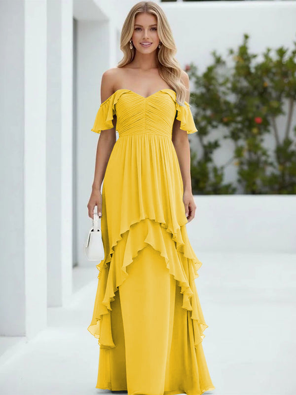 Chiffon Off the Shoulder Pleated Tiered Bridesmaid Dresses