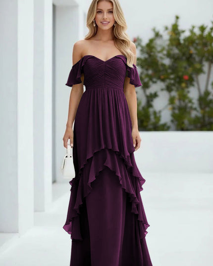Chiffon Off the Shoulder Pleated Tiered Bridesmaid Dresses