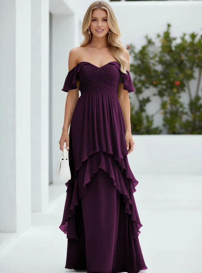 Chiffon Off the Shoulder Pleated Tiered Bridesmaid Dresses