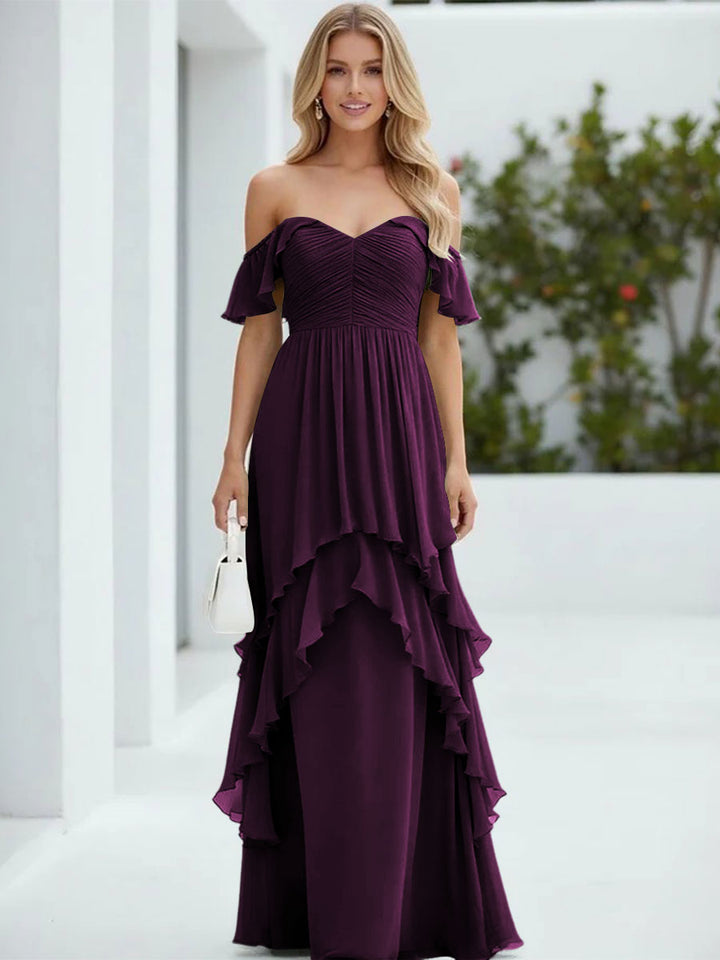 Chiffon Off the Shoulder Pleated Tiered Formal Dresses