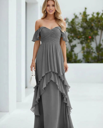 Chiffon Off the Shoulder Pleated Tiered Bridesmaid Dresses