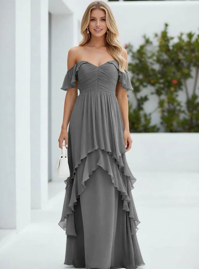 Chiffon Off the Shoulder Pleated Tiered Bridesmaid Dresses