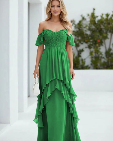 Chiffon Off the Shoulder Pleated Tiered Bridesmaid Dresses