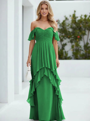 Chiffon Off the Shoulder Pleated Tiered Bridesmaid Dresses