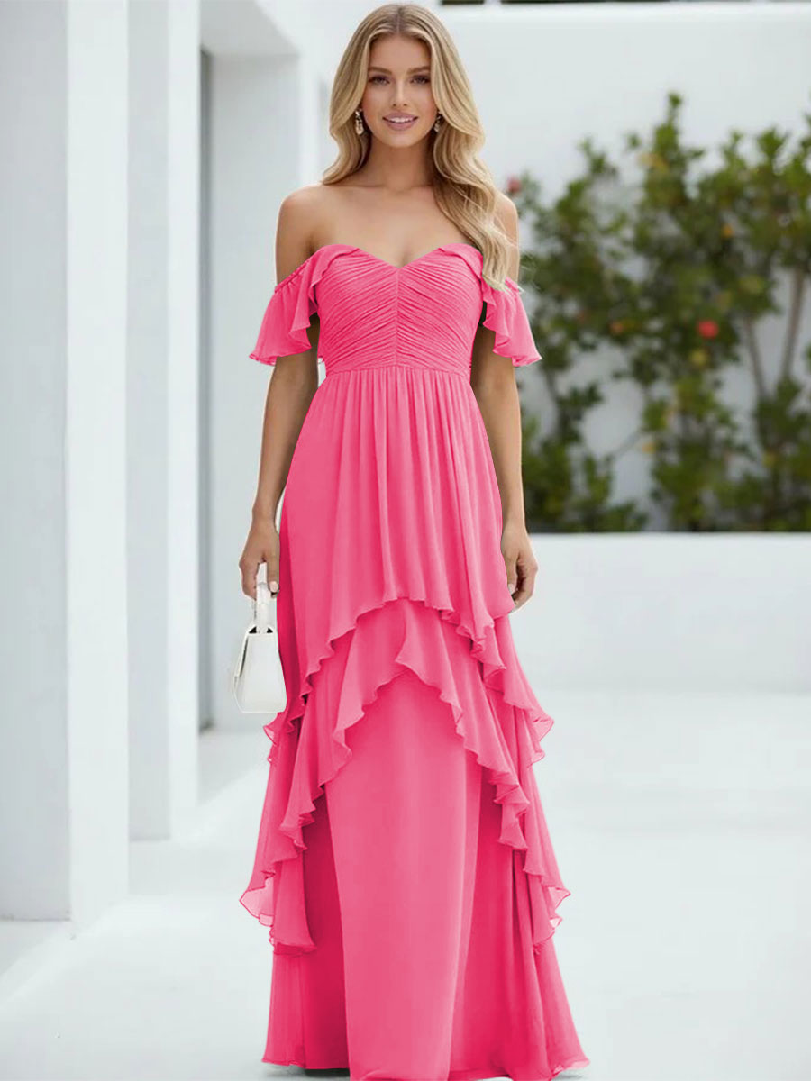 Chiffon Off the Shoulder Pleated Tiered Formal Dresses