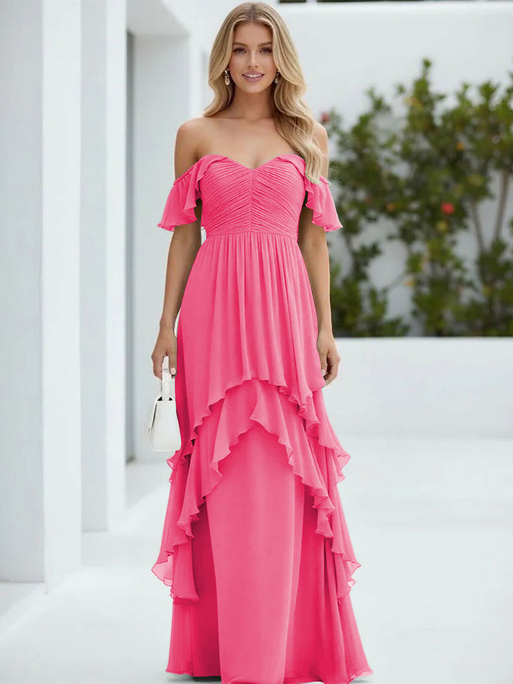 Chiffon Off the Shoulder Pleated Tiered Formal Dresses