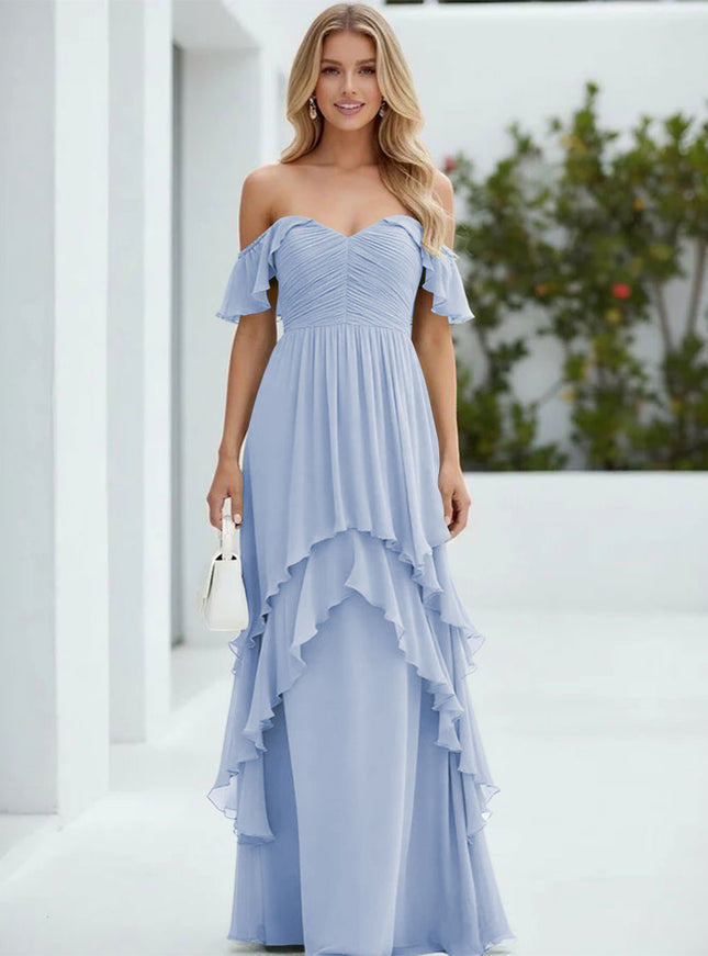Chiffon Off the Shoulder Pleated Tiered Bridesmaid Dresses