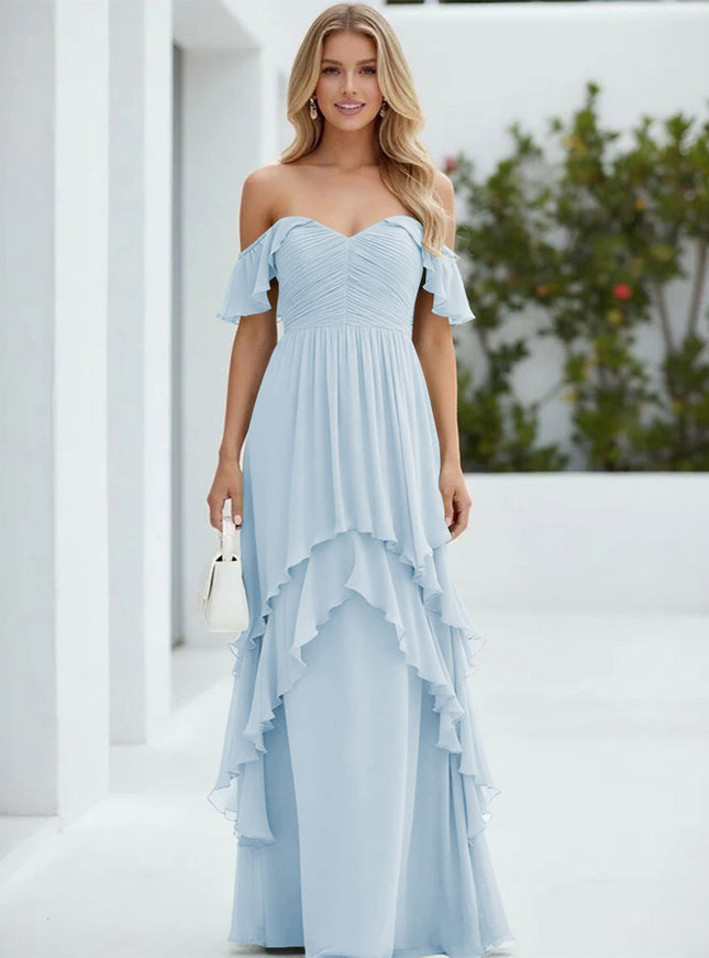 Chiffon Off the Shoulder Pleated Tiered Bridesmaid Dresses