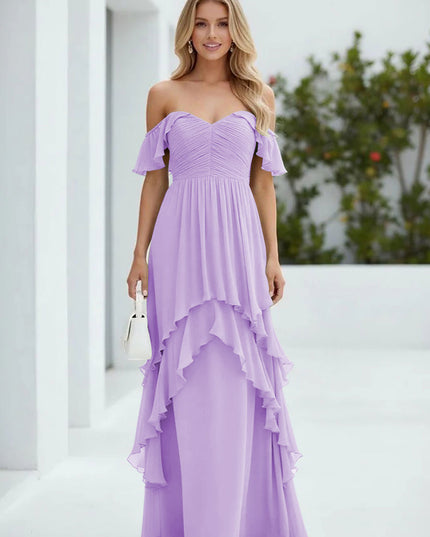 Chiffon Off the Shoulder Pleated Tiered Bridesmaid Dresses