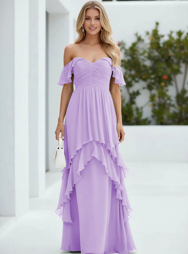 Chiffon Off the Shoulder Pleated Tiered Bridesmaid Dresses