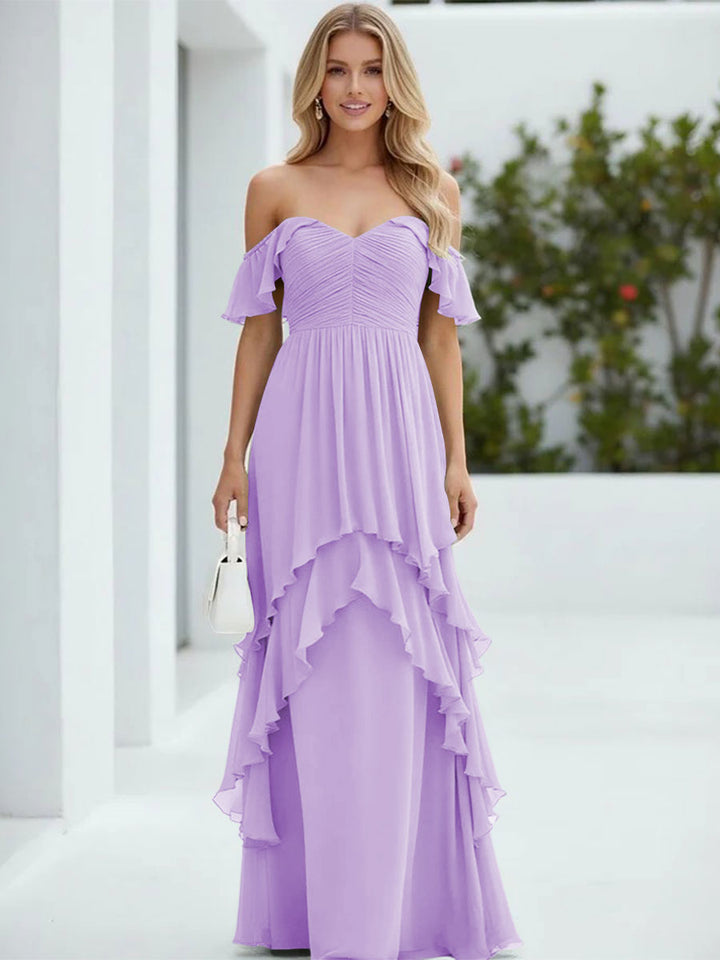 Chiffon Off the Shoulder Pleated Tiered Formal Dresses