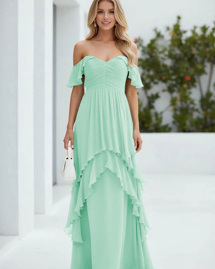 Chiffon Off the Shoulder Pleated Tiered Bridesmaid Dresses