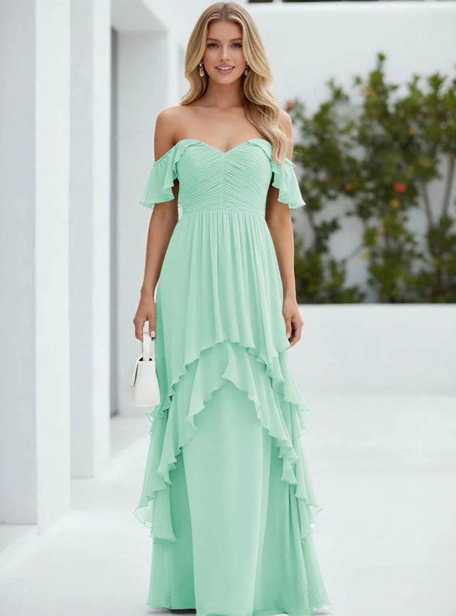 Chiffon Off the Shoulder Pleated Tiered Bridesmaid Dresses