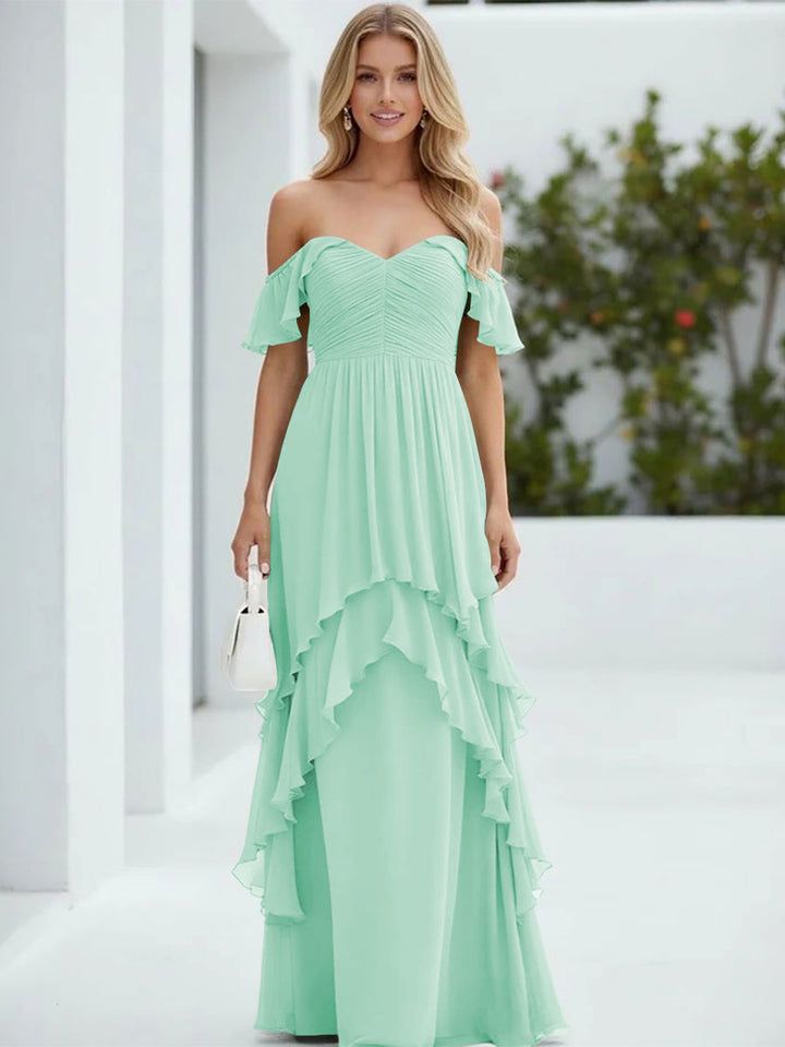 Chiffon Off the Shoulder Pleated Tiered Formal Dresses