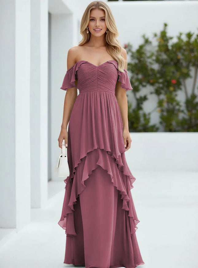 Chiffon Off the Shoulder Pleated Tiered Bridesmaid Dresses