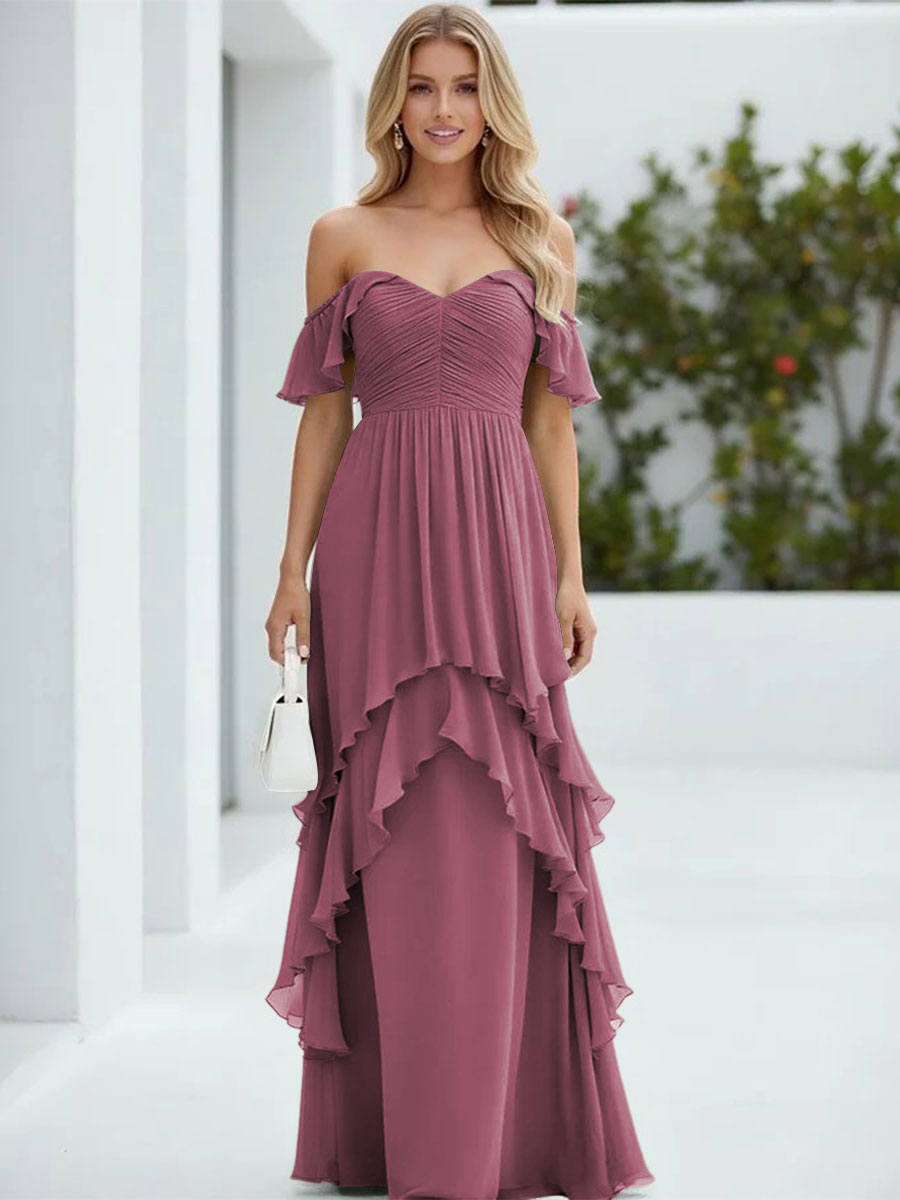 Chiffon Off the Shoulder Pleated Tiered Formal Dresses