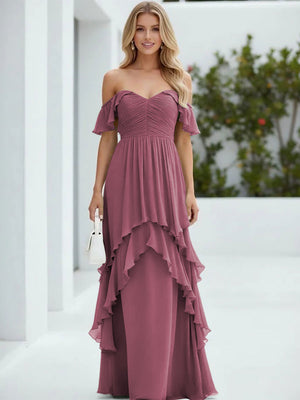 Chiffon Off the Shoulder Pleated Tiered Bridesmaid Dresses