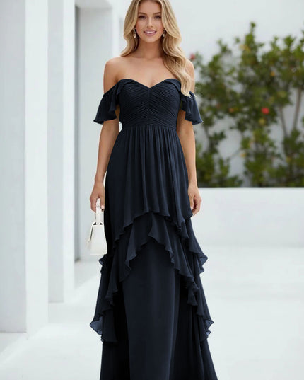 Chiffon Off the Shoulder Pleated Tiered Bridesmaid Dresses