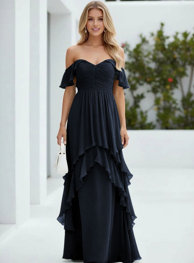 Chiffon Off the Shoulder Pleated Tiered Bridesmaid Dresses