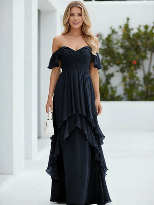 Chiffon Off the Shoulder Pleated Tiered Bridesmaid Dresses