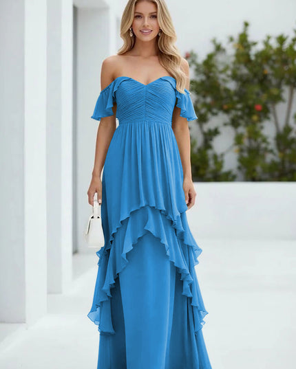 Chiffon Off the Shoulder Pleated Tiered Bridesmaid Dresses