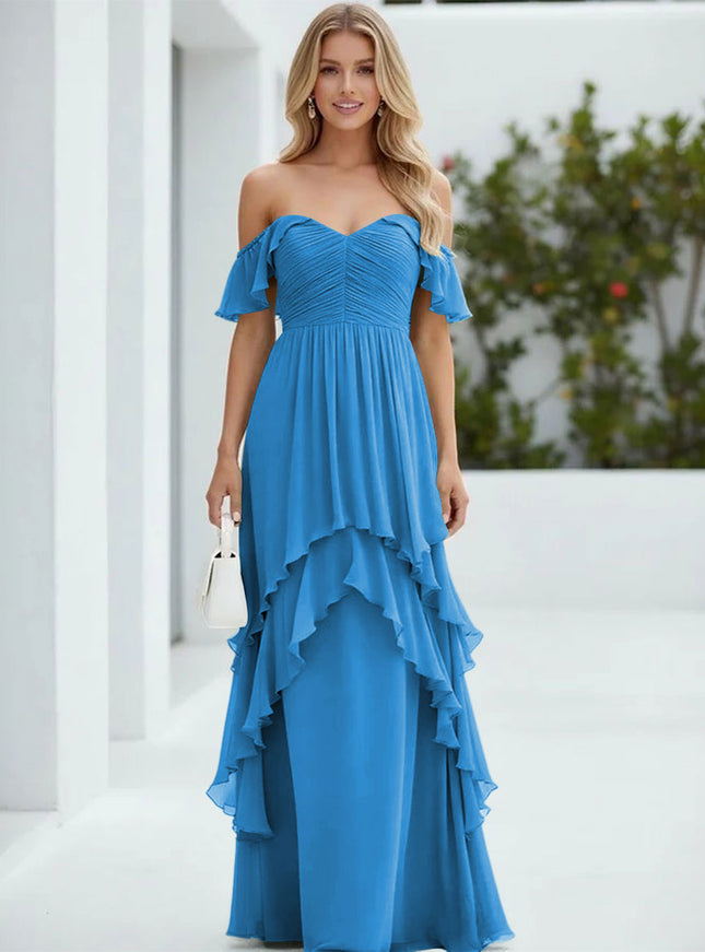 Chiffon Off the Shoulder Pleated Tiered Bridesmaid Dresses