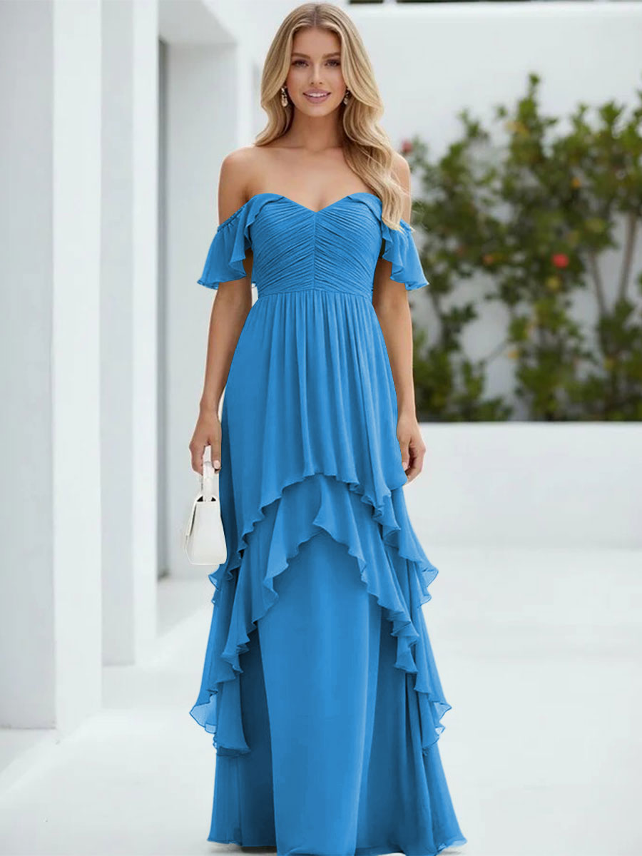 Chiffon Off the Shoulder Pleated Tiered Formal Dresses