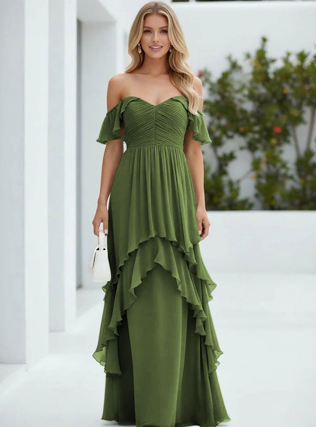 Chiffon Off the Shoulder Pleated Tiered Bridesmaid Dresses