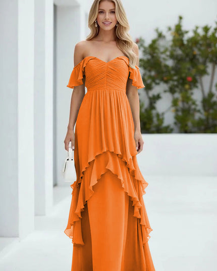 Chiffon Off the Shoulder Pleated Tiered Bridesmaid Dresses
