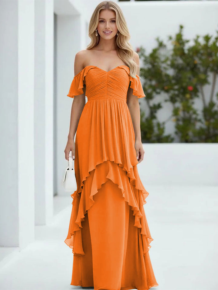 Chiffon Off the Shoulder Pleated Tiered Formal Dresses