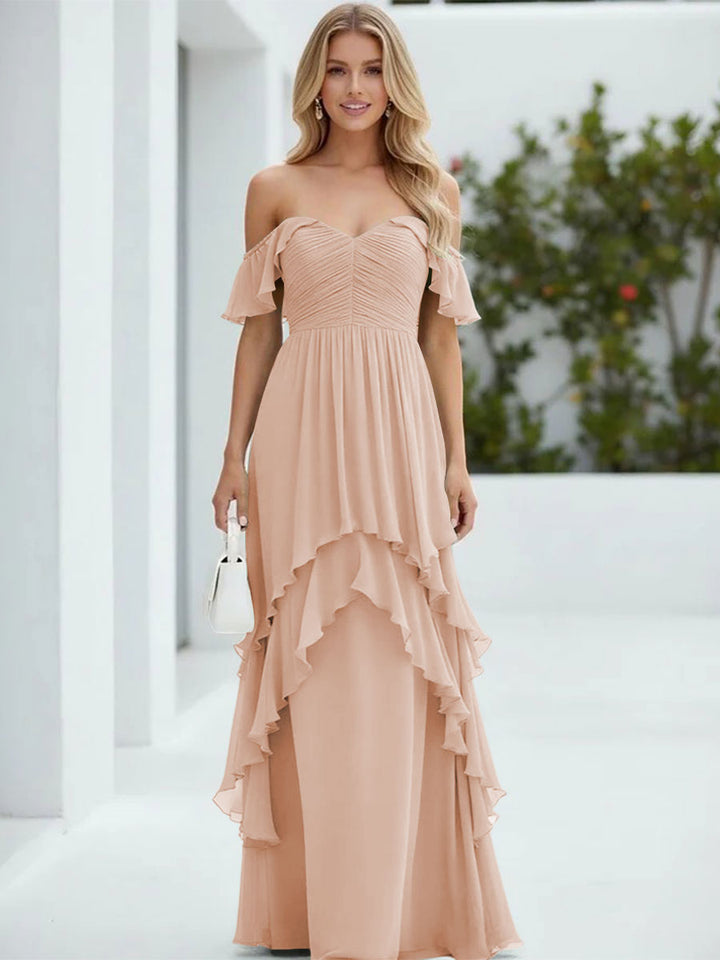 Chiffon Off the Shoulder Pleated Tiered Formal Dresses