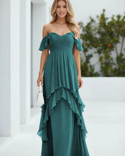 Chiffon Off the Shoulder Pleated Tiered Bridesmaid Dresses