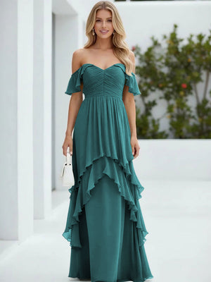 Chiffon Off the Shoulder Pleated Tiered Bridesmaid Dresses