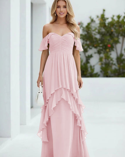Chiffon Off the Shoulder Pleated Tiered Bridesmaid Dresses