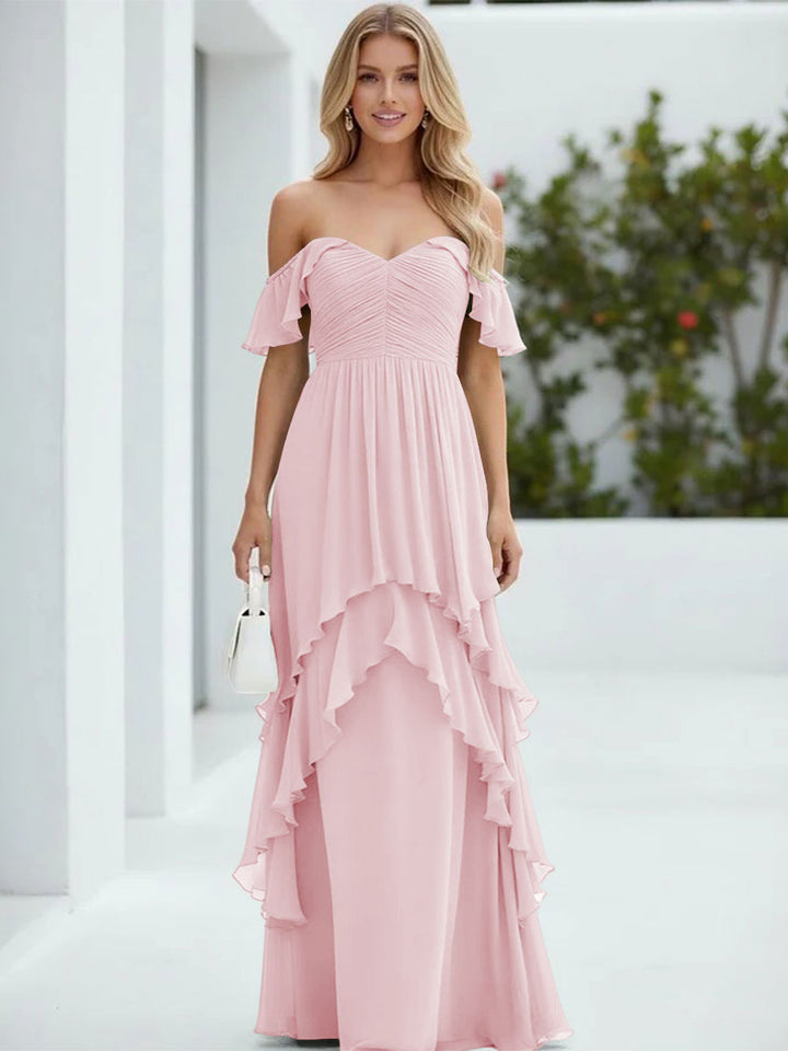 Chiffon Off the Shoulder Pleated Tiered Formal Dresses