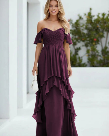 Chiffon Off the Shoulder Pleated Tiered Bridesmaid Dresses