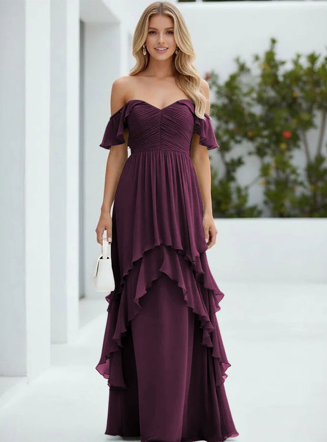 Chiffon Off the Shoulder Pleated Tiered Bridesmaid Dresses
