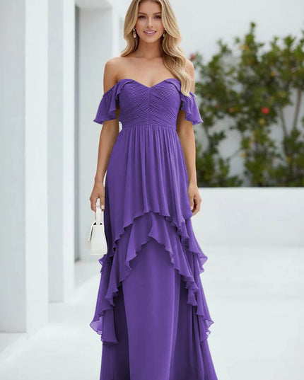 Chiffon Off the Shoulder Pleated Tiered Bridesmaid Dresses