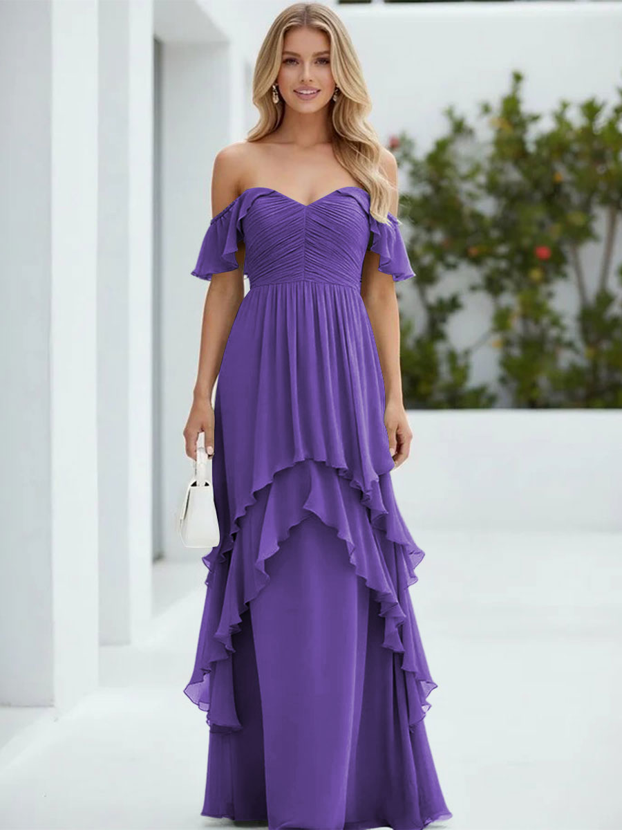 Chiffon Off the Shoulder Pleated Tiered Formal Dresses