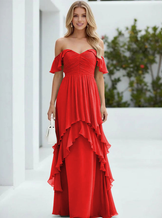 Chiffon Off the Shoulder Pleated Tiered Bridesmaid Dresses