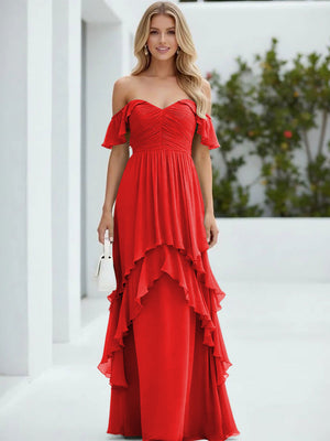 Chiffon Off the Shoulder Pleated Tiered Bridesmaid Dresses