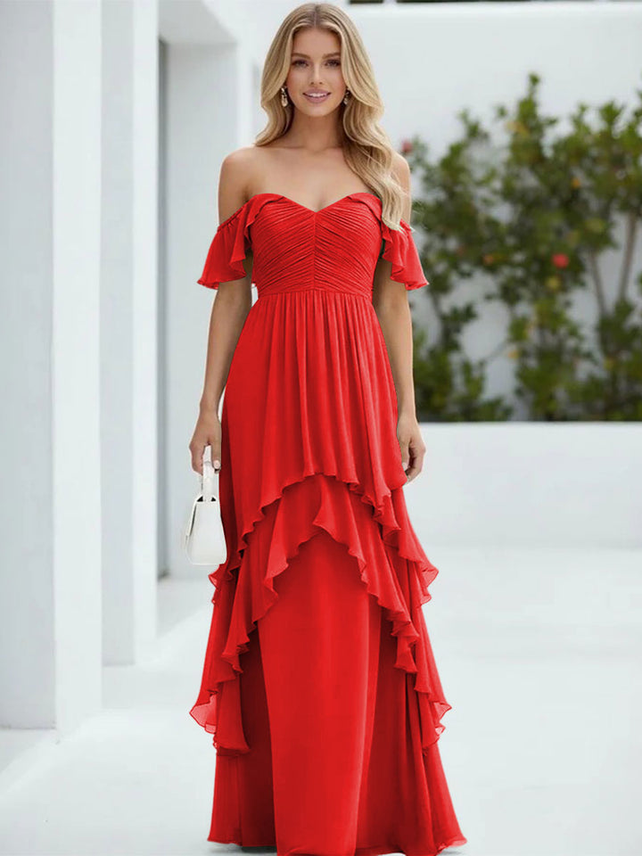 Chiffon Off the Shoulder Pleated Tiered Formal Dresses