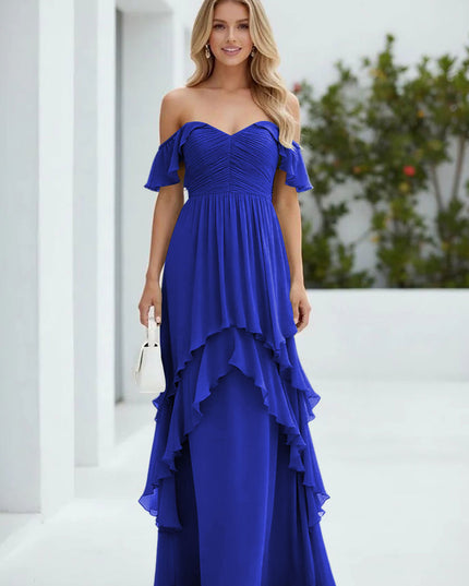 Chiffon Off the Shoulder Pleated Tiered Bridesmaid Dresses