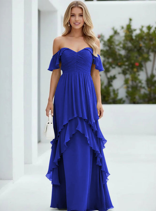 Chiffon Off the Shoulder Pleated Tiered Bridesmaid Dresses
