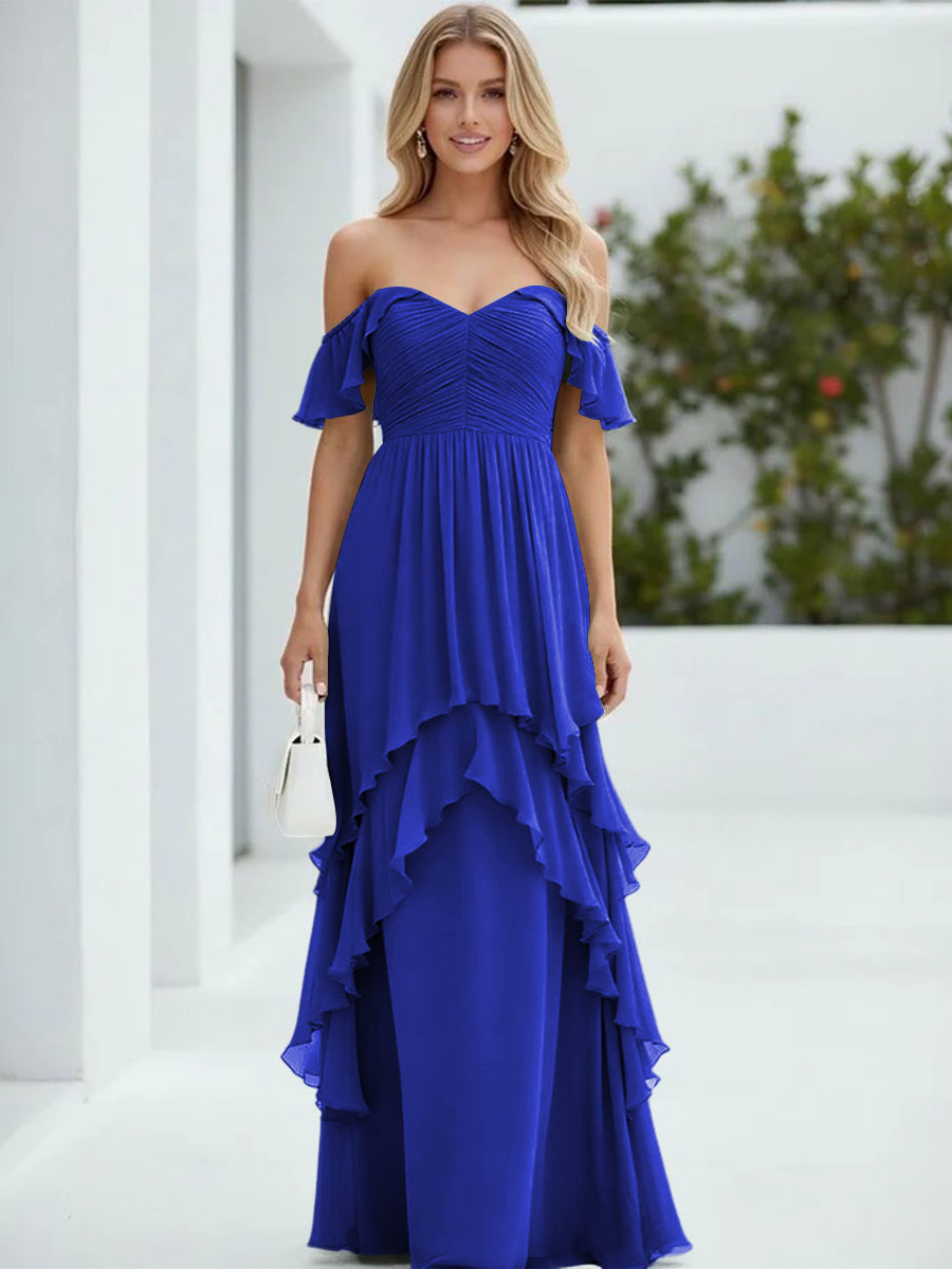 Chiffon Off the Shoulder Pleated Tiered Formal Dresses